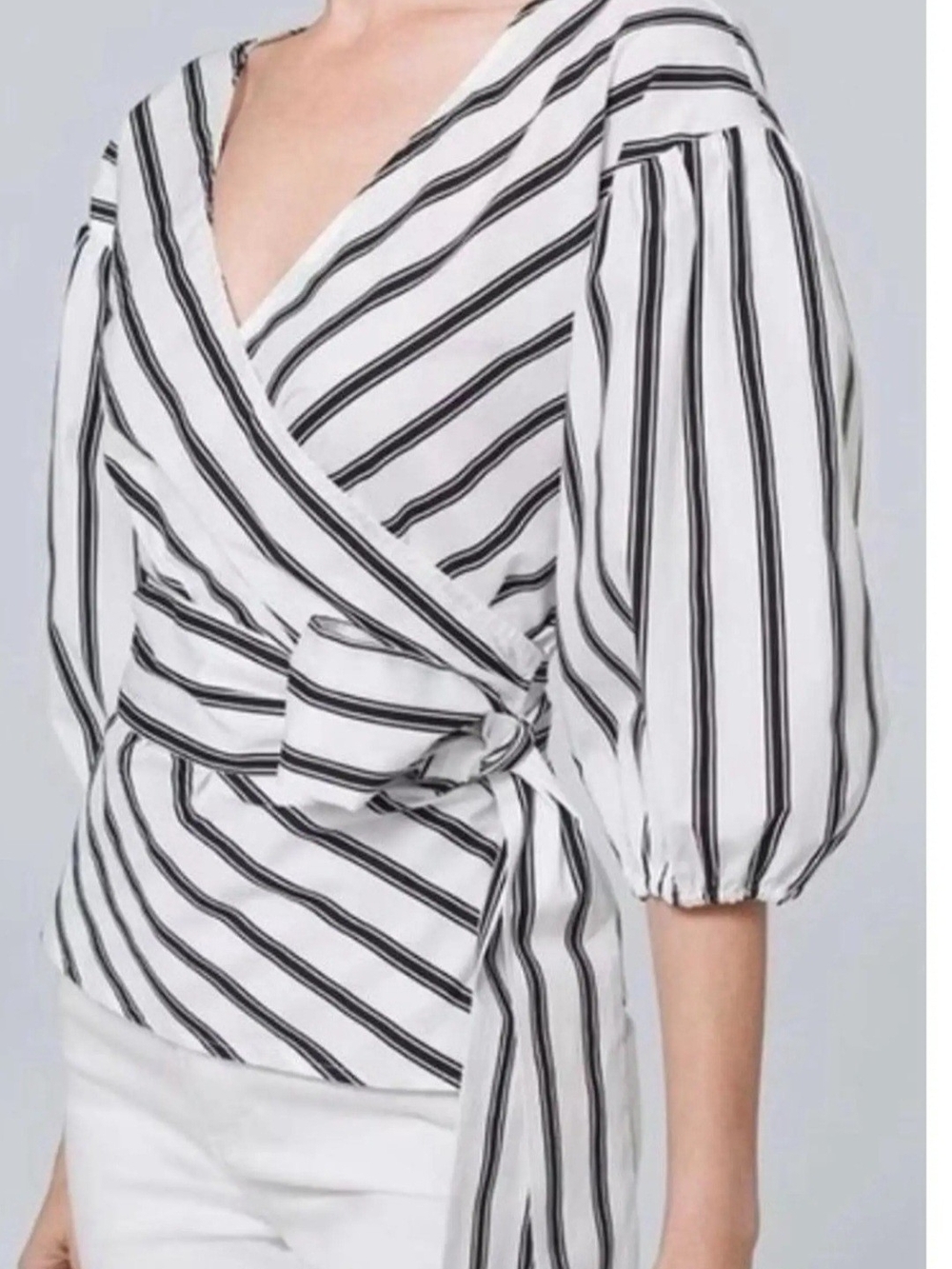 White House Black Market White and Black Striped Wrap Blouse